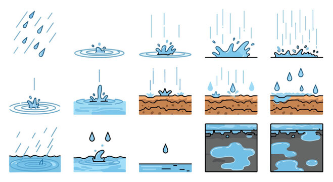 Rain drop animation frames, water splash sequence vector set, falling raindrops and puddle ripples, liquid motion graphics for weather apps