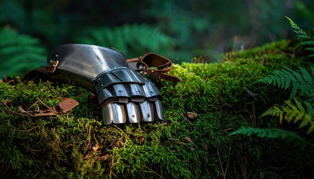 Handcrafted Medieval Steel Gauntlet and Vambrace Armor Rest on Lush Green Moss in a Sunlit Forest. This cinematic widescreen view captures intricate metal plating and leather straps for cosplay.