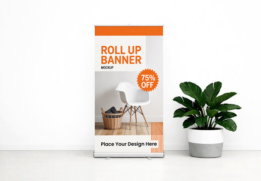 Vertical Roll Up Banner Mockup Standing on White Background with Potted Green Plant
