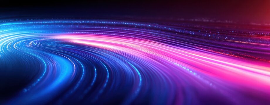 Curving neon light trails and glowing particle stream in blue and pink on a dark background conveying dynamic futuristic energy and swift flowing motion