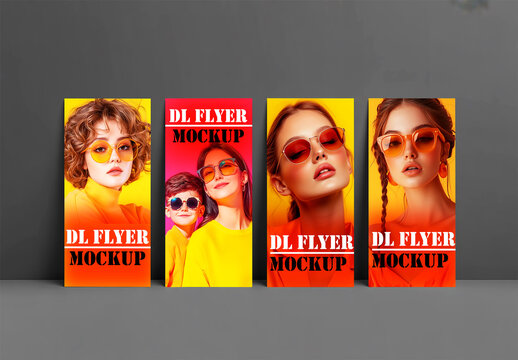 Vibrant DL flyer mockup set with fashion portraits in orange and yellow theme