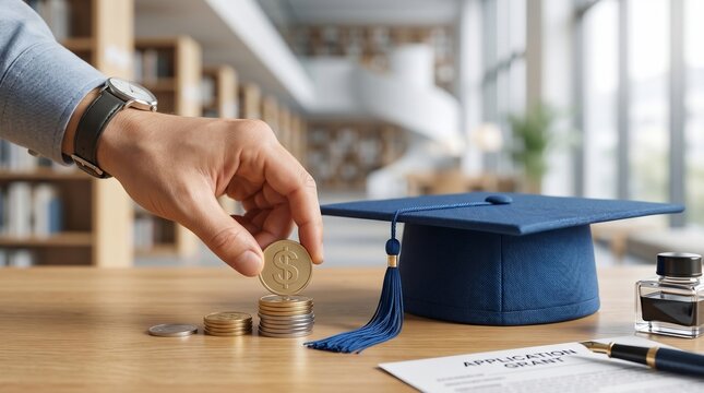 Hand placing coin on stack near graduation cap and application grant form
