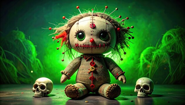 Creepy voodoo doll with pins and skulls on green background