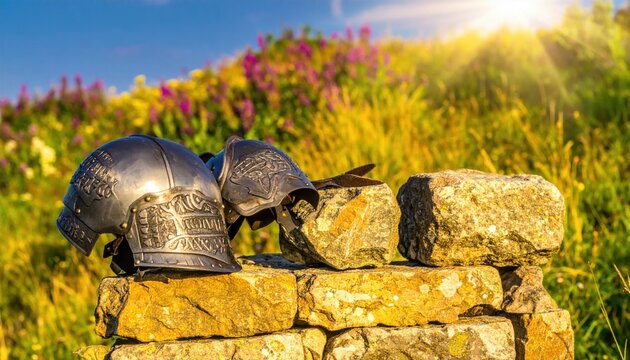 Pair of ornate curved steel shoulder pauldrons with decorative etching resting on a rough stone wall under a golden sunset, cinematic widescreen fantasy header of medieval knight armor in nature.