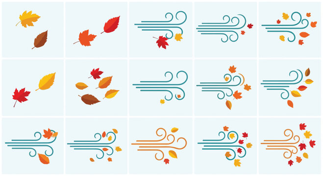 Autumn wind icons with falling leaves, set of 15 vector weather symbols, colorful foliage blowing in breeze, seasonal nature design elements