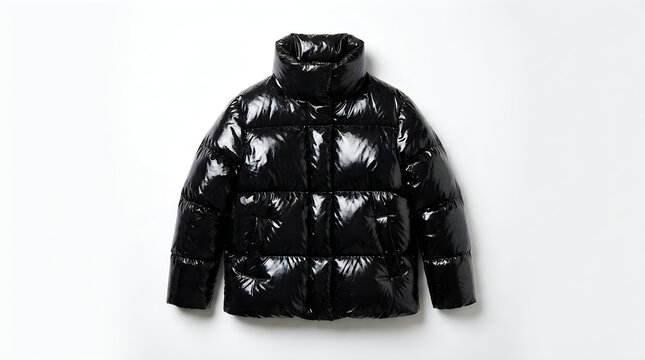 Black shiny puffer jacket isolated on white background