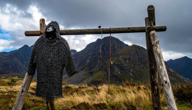 Authentic hand forged chainmail shirt and hood with interlocking metal rings draped over a rustic wooden frame in a cinematic mountain landscape, featuring rugged peaks and a dramatic sky.