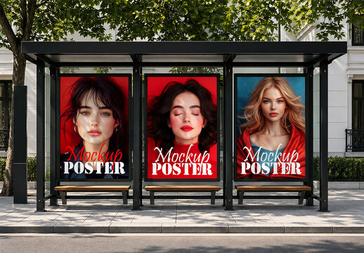 Bus stop shelter poster mockup with three vertical advertising display