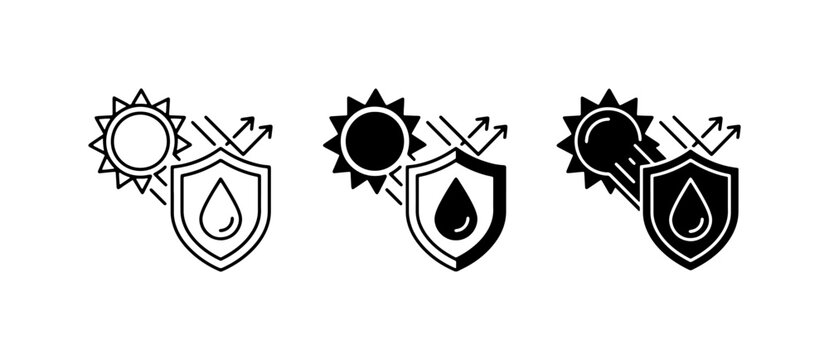 Sun and Water Protection Icons, Shield Symbol, UV Resistance, Waterproof Symbols