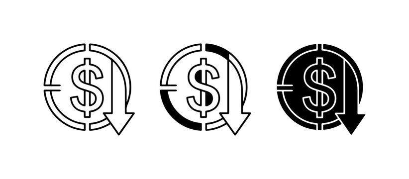 Dollar Sign Down Arrow Icons, Financial Loss, Cost Reduction, Price Drop Vector Set