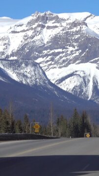 Three trucks haul cargo down the highway leading towards the breathtaking snow capped mountains in Jasper National Park. Lorries travel along the famous Icefields Parkway on a sunny winter day. 