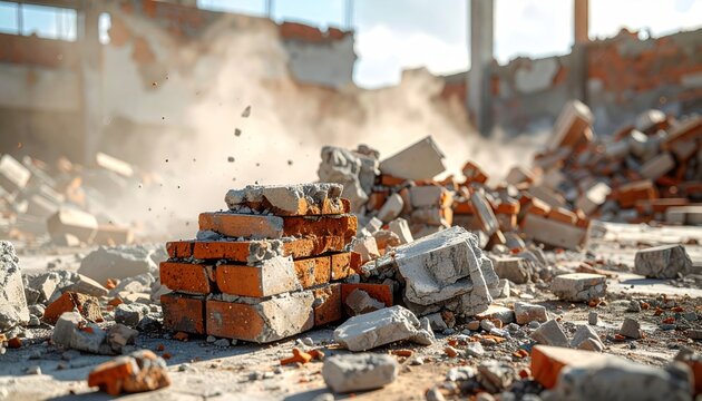 Pile of bricks and rubble in dusty demolition site