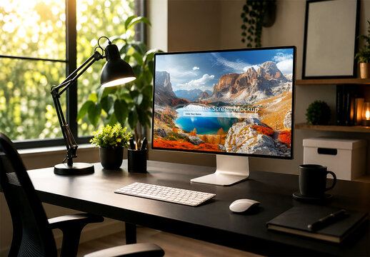 Desktop computer screen mockup on modern workspace desk with natural lighting