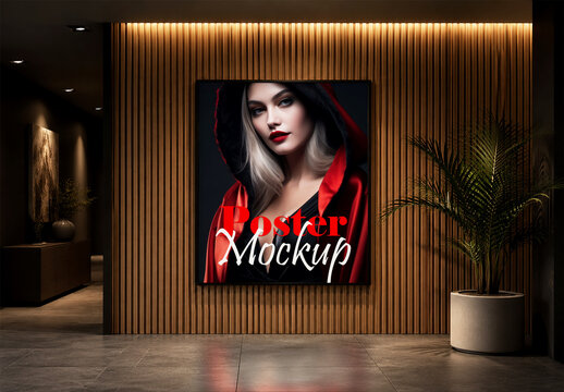 Elegant poster mockup on wooden wall in modern interior setting