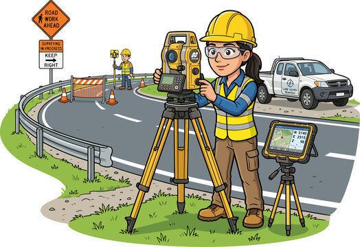 Road Survey Engineer Measuring Highway Construction Cartoon Vector Design