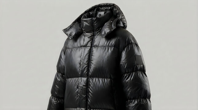 Black puffer jacket with hood isolated on grey background
