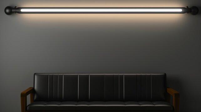 A sleek black leather couch with wooden arms under a modern light fixture