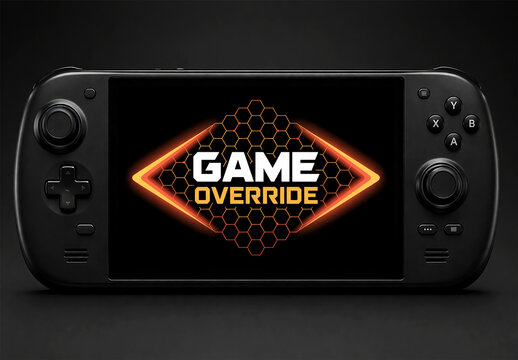 Handheld gaming console mockup with futuristic game screen