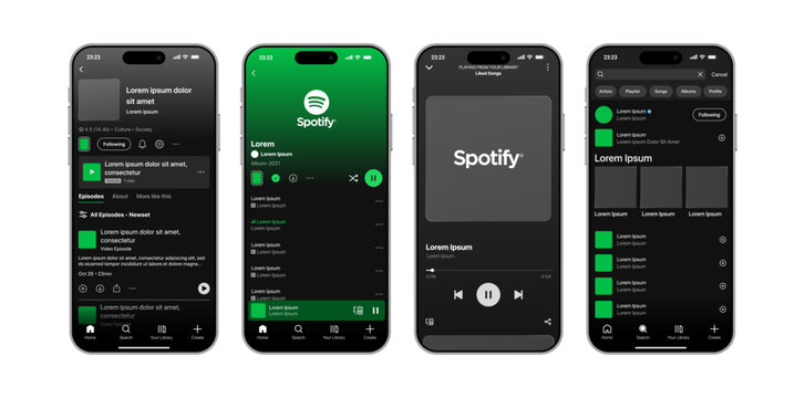 Spotify iOS 26 Liquid Glass Music Streaming Mockup &ndash; Glassmorphism Playlist Interface, Playback Screen & Futuristic Music UI Design Vector Illustration
