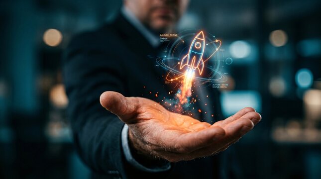 Businessman's hand displays glowing rocket launch projection with trajectory lines