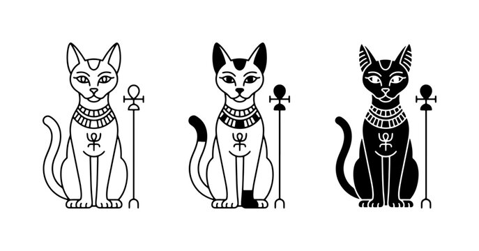 Egyptian Cat Goddess Bastet Icons, Ancient Deity Symbols, Black and White Vector Art