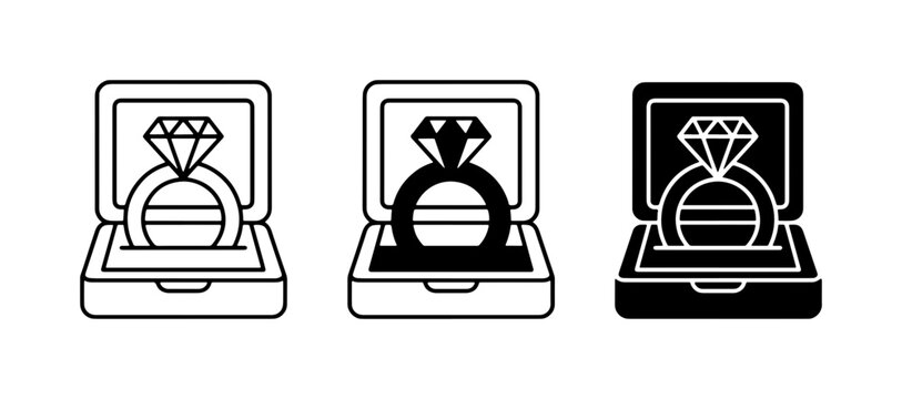 Diamond Ring in Box Icons, Engagement Jewelry Symbol, Proposal Gift Vector Set