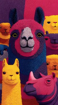 Whimsical Animal Portrait Illustration - A playful and textured portrait featuring a llama surrounded by charming animal faces in vibrant modern colors for creative projects