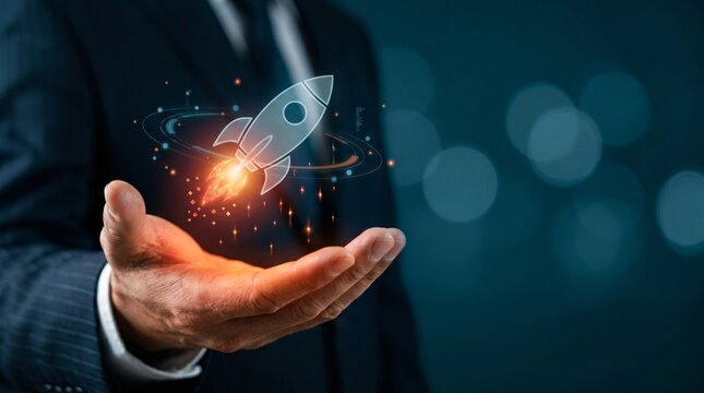 Businessman's hand displaying a glowing rocket launching with digital orbiting lines