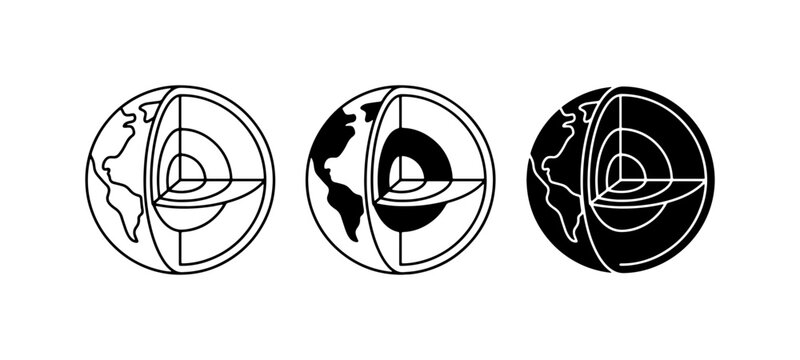 Earth's Core Layers, Geological Cross-Section Icons, Planetary Structure Diagrams