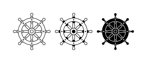 Nautical Ship Wheel Icons, Marine Helm Vector Graphics, Vintage Steering Wheel Set © Sifat