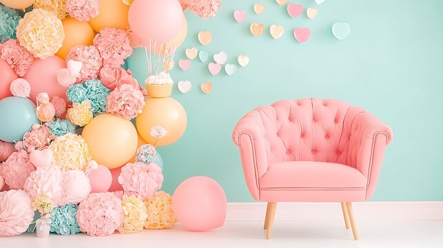 Pink tufted armchair surrounded by pastel balloons and paper flower pom poms in a festive room