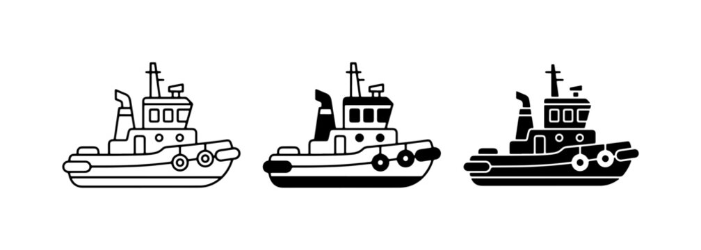 Tugboat Icons Set, Marine Vessel Vector Graphics, Nautical Transportation Symbols
