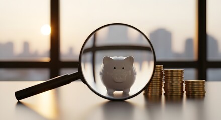 Naklejka na ściany i meble A magnifying glass focusing on a piggy bank with stacks of coins sitting on a desk in a modern office with a city view in the background during a bright and sunny afternoon daylight