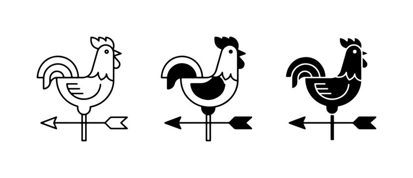 Rooster Weather Vane Icons, Farm Animal Wind Direction Indicators, Simple Vector Graphics