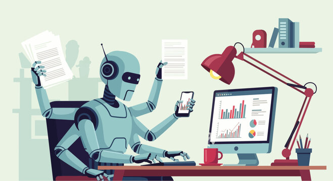 Flat vector illustration of a multitasking AI robot with multiple arms managing various digital tasks simultaneously. Artificial intelligence for productivity, automation, and workflow management.