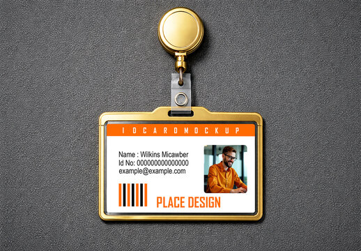 ID card mockup template with badge holder on textured background