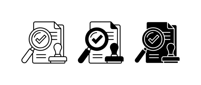 Document Approval Icons, Magnifying Glass Check Mark, Stamped Paper, Legal Verification Set