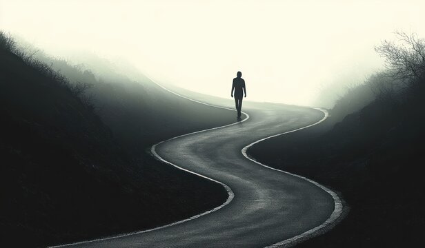 solitary silhouette walking along a winding foggy road between dark hills, evoking solitude and quiet contemplation