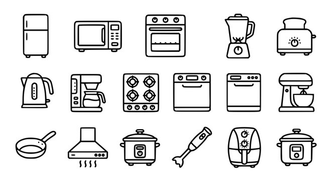 Kitchen appliance outline icon set with modern household vector symbols for UI and web design