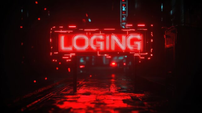 neon red glitch sign reading LOGING above wet dark alley at night, moody ominous cyberpunk scene