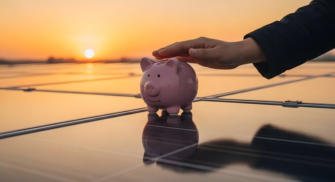A business person placing a hand on a pink piggy bank resting on solar panels at sunset representing financial savings and investment in renewable green energy for a sustainable future