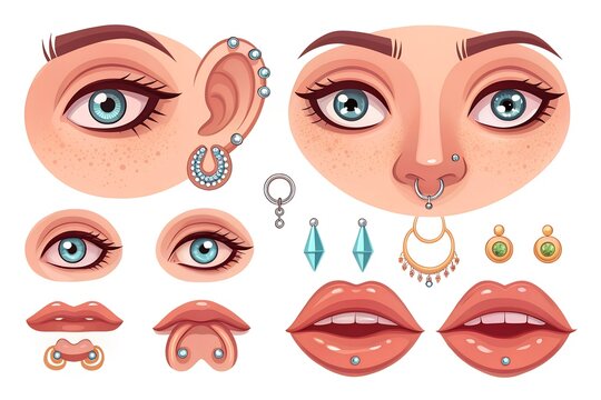 Collection of cartoon eyes lips facial piercings with body modification