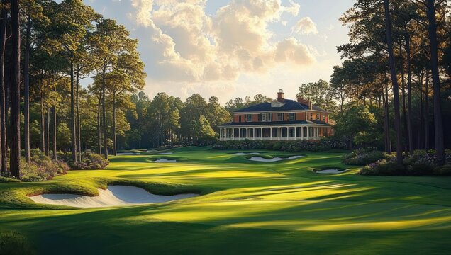 Sunlit golf fairway with sand bunkers, tall pines and an elegant two-story clubhouse under a clouded golden sky, serene and inviting morning scene