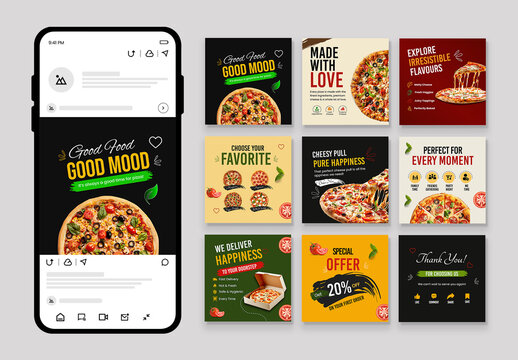 Pizza Restaurant Social Media Post Template Design Set
