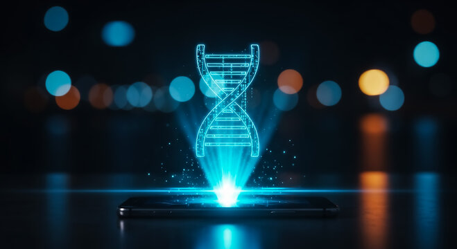 Glowing DNA helix structure with bokeh lights on dark reflective background