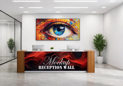 Modern reception desk mockup template with abstract eye art