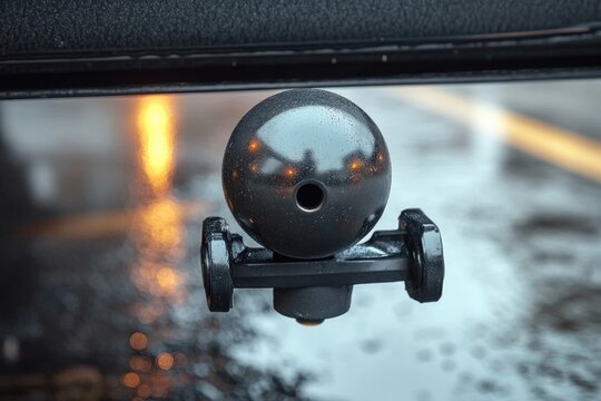 wet metallic trailer hitch ball and mount beneath a vehicle with warm street light reflections, moody rainy evening scene