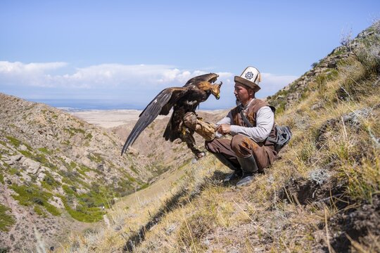 Traditional Kyrgyz eagle hunter with eagle in the mountains, near Kysyl-Suu, Kyrgyzstan