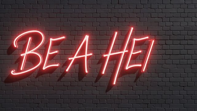 Neon Sign Animating 'BE A HERO' Text on Dark Brick Wall with Copy Space for Advertising