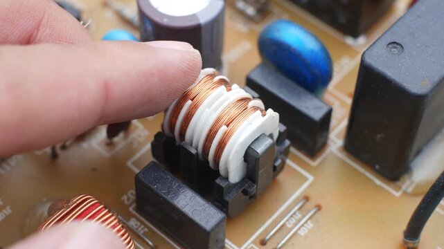 A person's fingers point to and inspect a copper coil on an electronic circuit board, surrounded by various components like capacitors and resistors during a repair or inspection process.